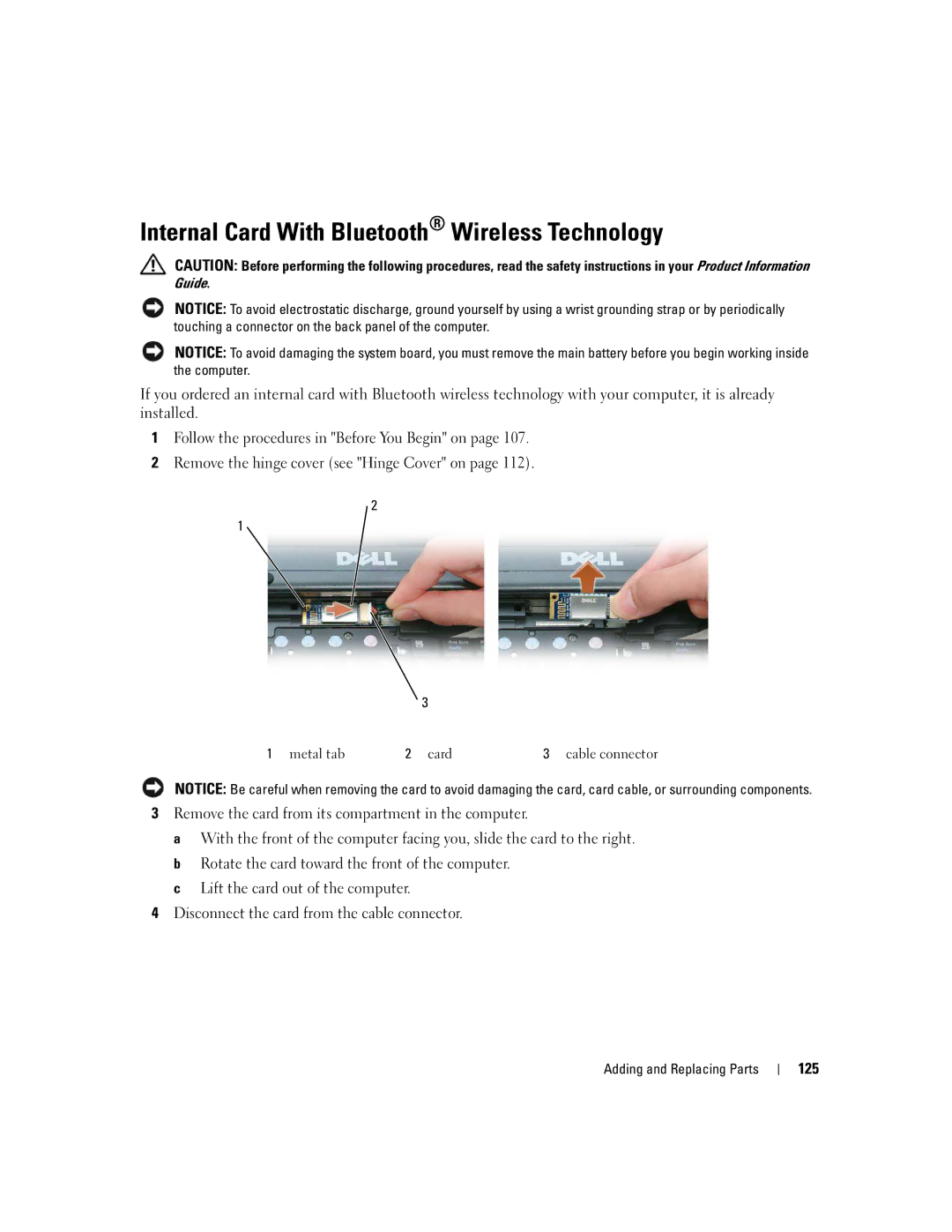 Dell UY691 manual Internal Card With Bluetooth Wireless Technology, 125 