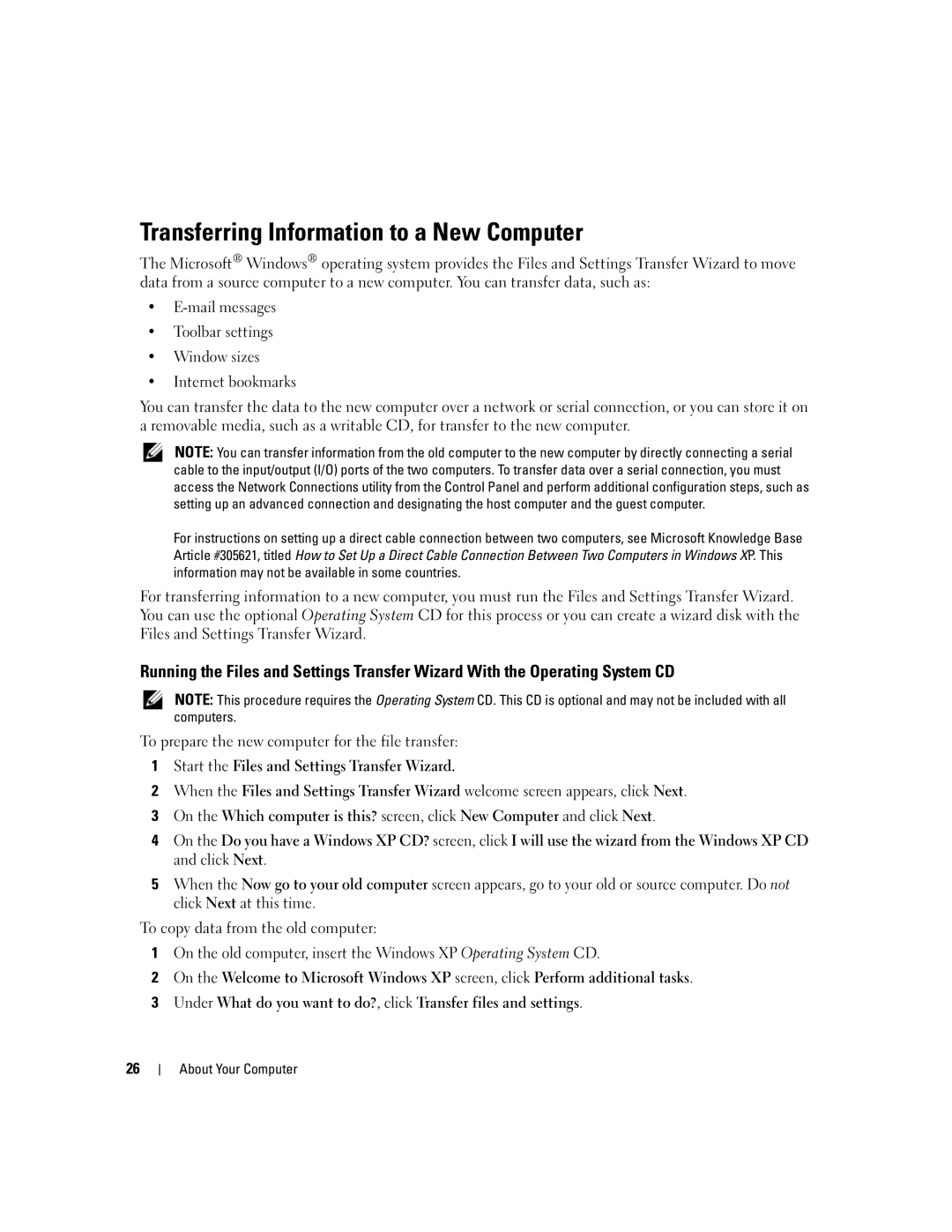 Dell UY691 manual Transferring Information to a New Computer, To prepare the new computer for the file transfer 