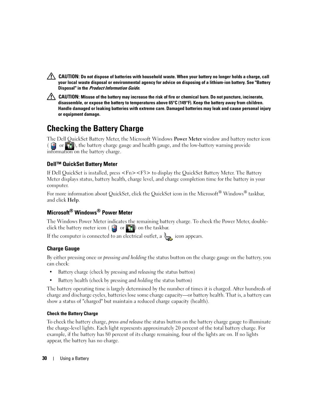 Dell UY691 manual Checking the Battery Charge, Dell QuickSet Battery Meter, Microsoft Windows Power Meter, Charge Gauge 