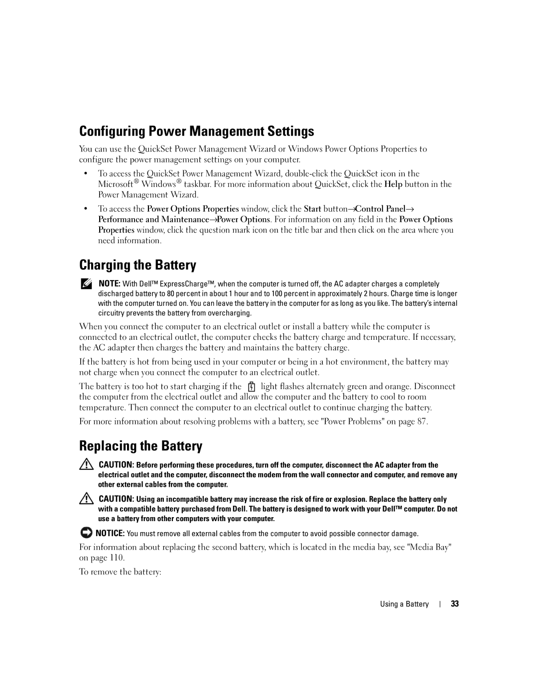 Dell UY691 manual Configuring Power Management Settings, Charging the Battery, Replacing the Battery 