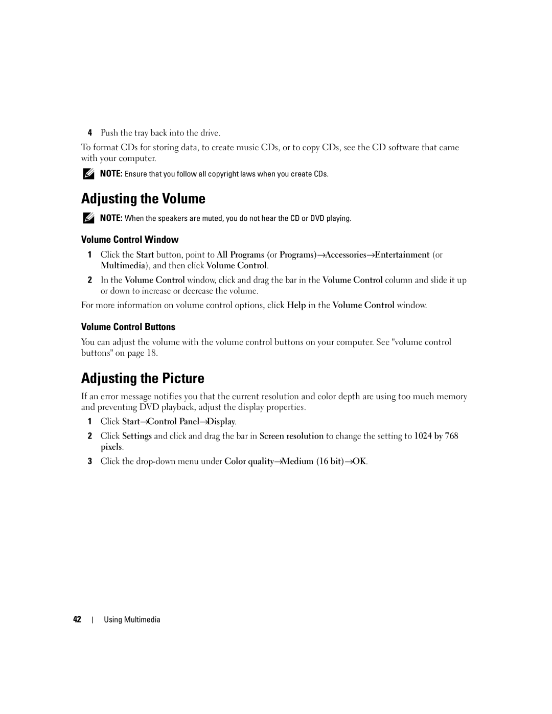 Dell UY691 manual Adjusting the Volume, Adjusting the Picture, Volume Control Window, Volume Control Buttons 