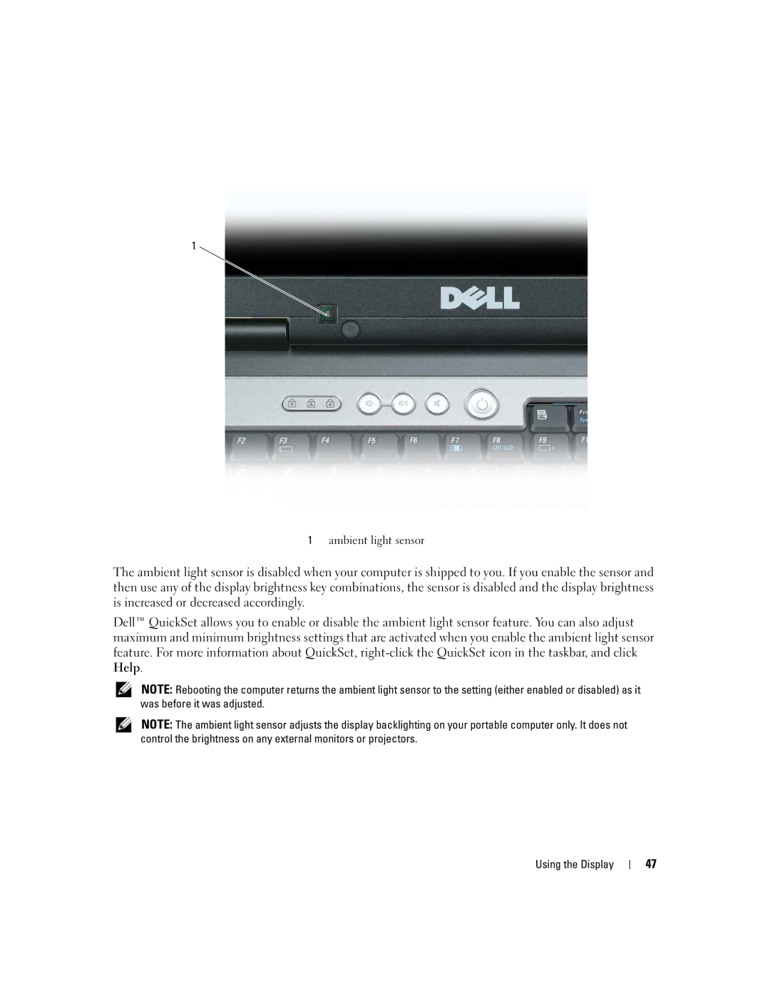 Dell UY691 manual Ambient light sensor 