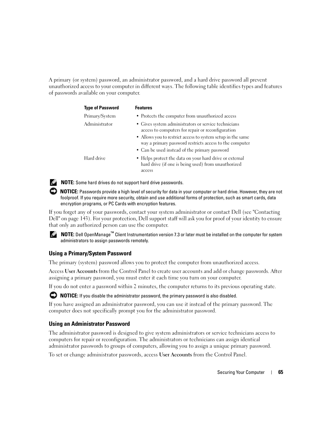 Dell UY691 manual Using a Primary/System Password, Using an Administrator Password 