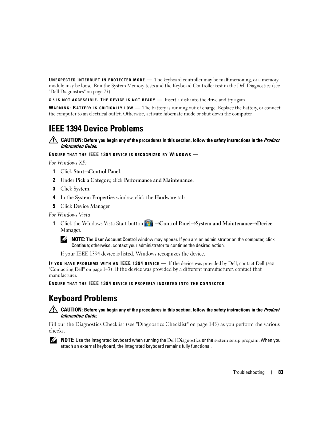 Dell UY691 manual Ieee 1394 Device Problems, Keyboard Problems, For Windows XP, For Windows Vista 