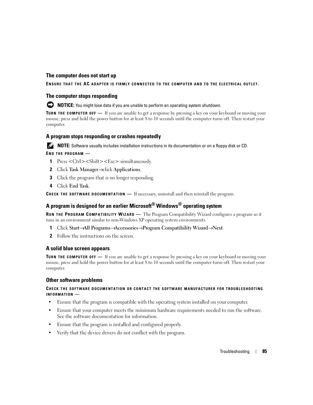 Dell UY691 manual Computer does not start up, Computer stops responding, Program stops responding or crashes repeatedly 