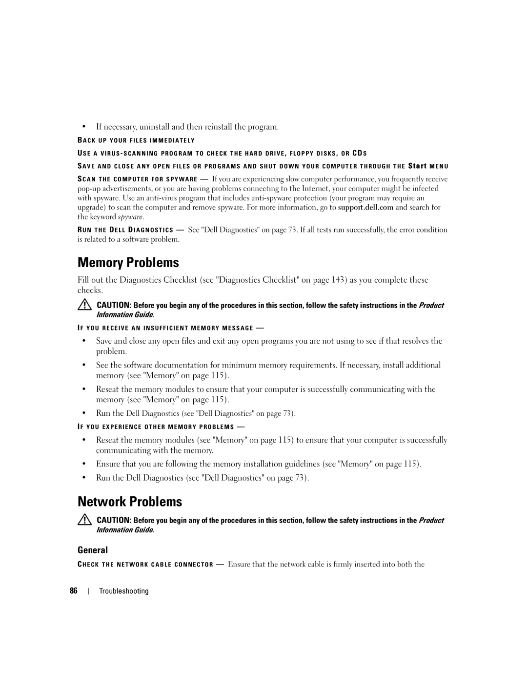 Dell UY691 manual Memory Problems, Network Problems, General, If necessary, uninstall and then reinstall the program 