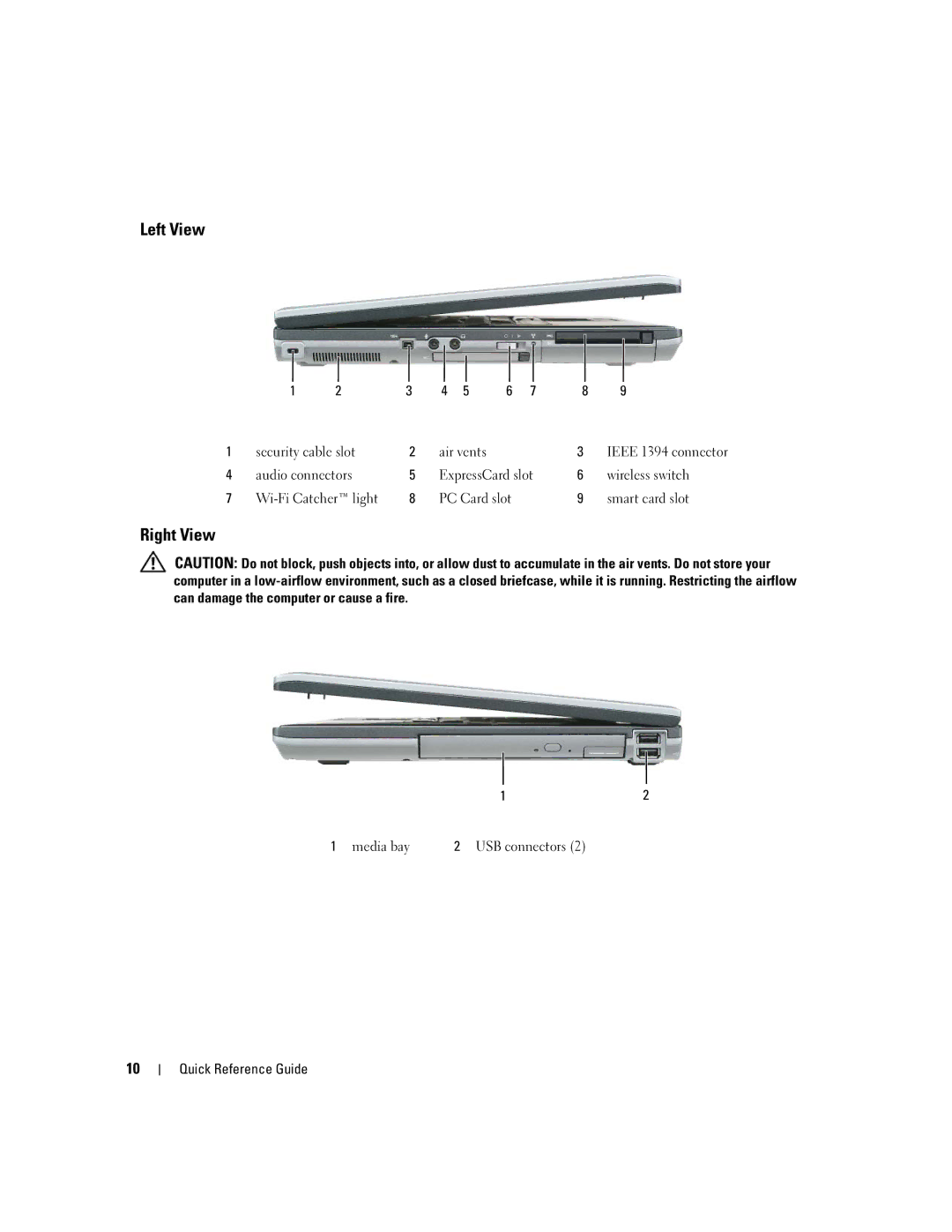 Dell UY708 manual Left View, Right View, Security cable slot Air vents, Media bay 