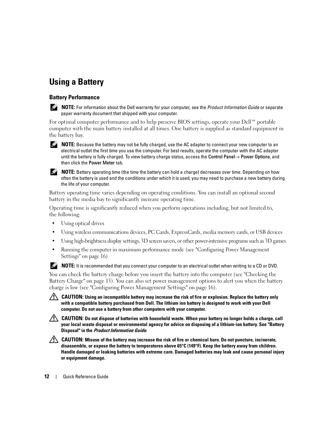 Dell UY708 manual Using a Battery, Battery Performance 