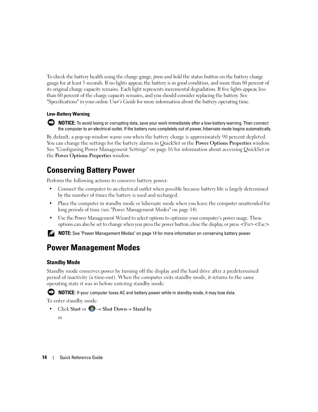 Dell UY708 manual Conserving Battery Power, Power Management Modes, Standby Mode, Low-Battery Warning 