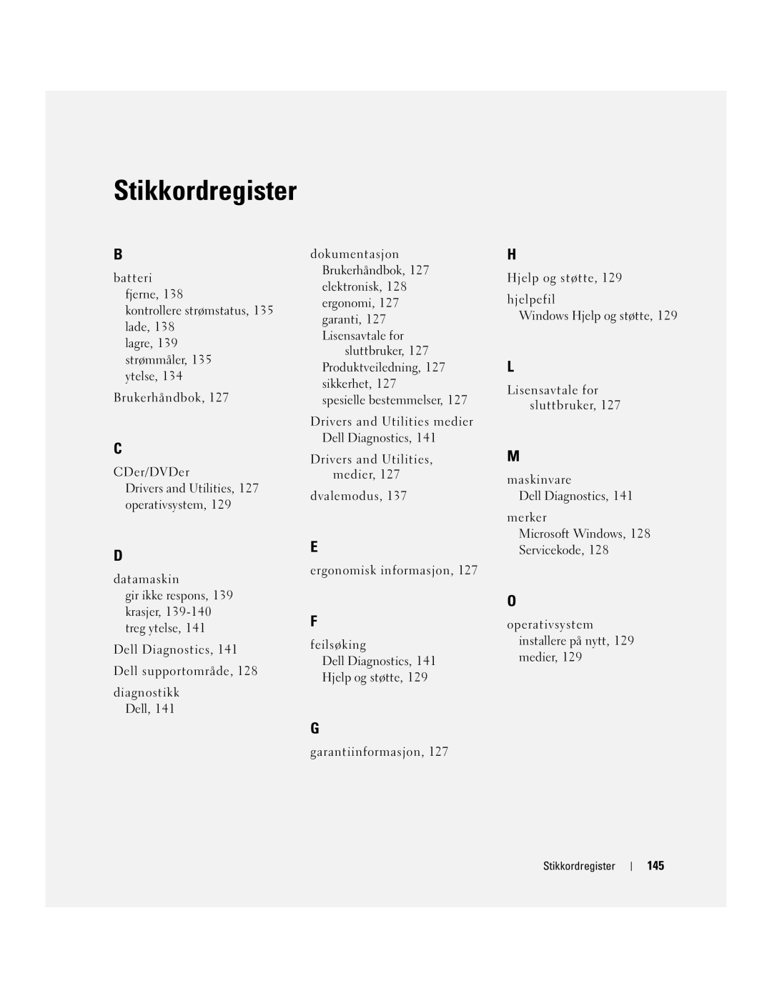 Dell UY708 manual 145, Stikkordregister 