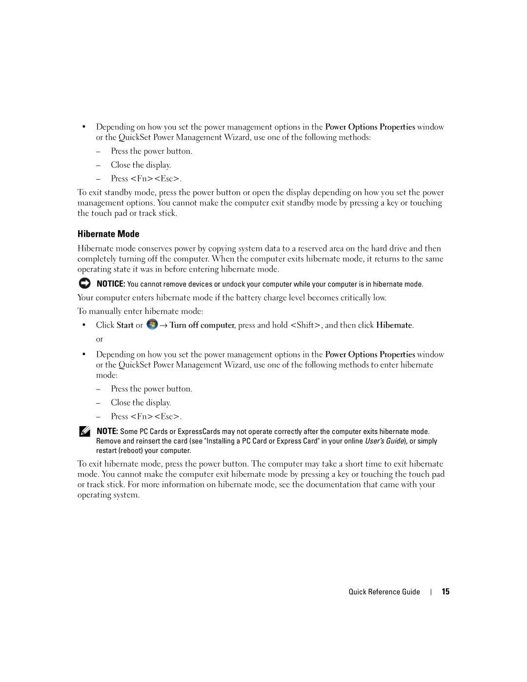 Dell UY708 manual Hibernate Mode 