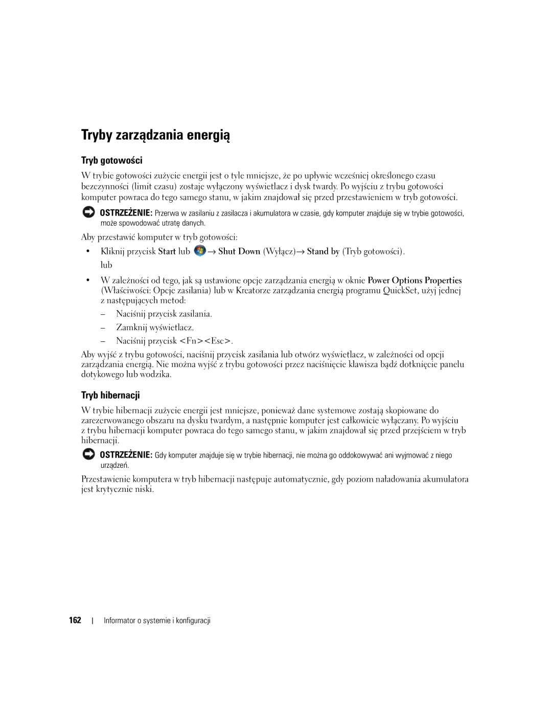 Dell UY708 manual Tryby zarządzania energią, 162 