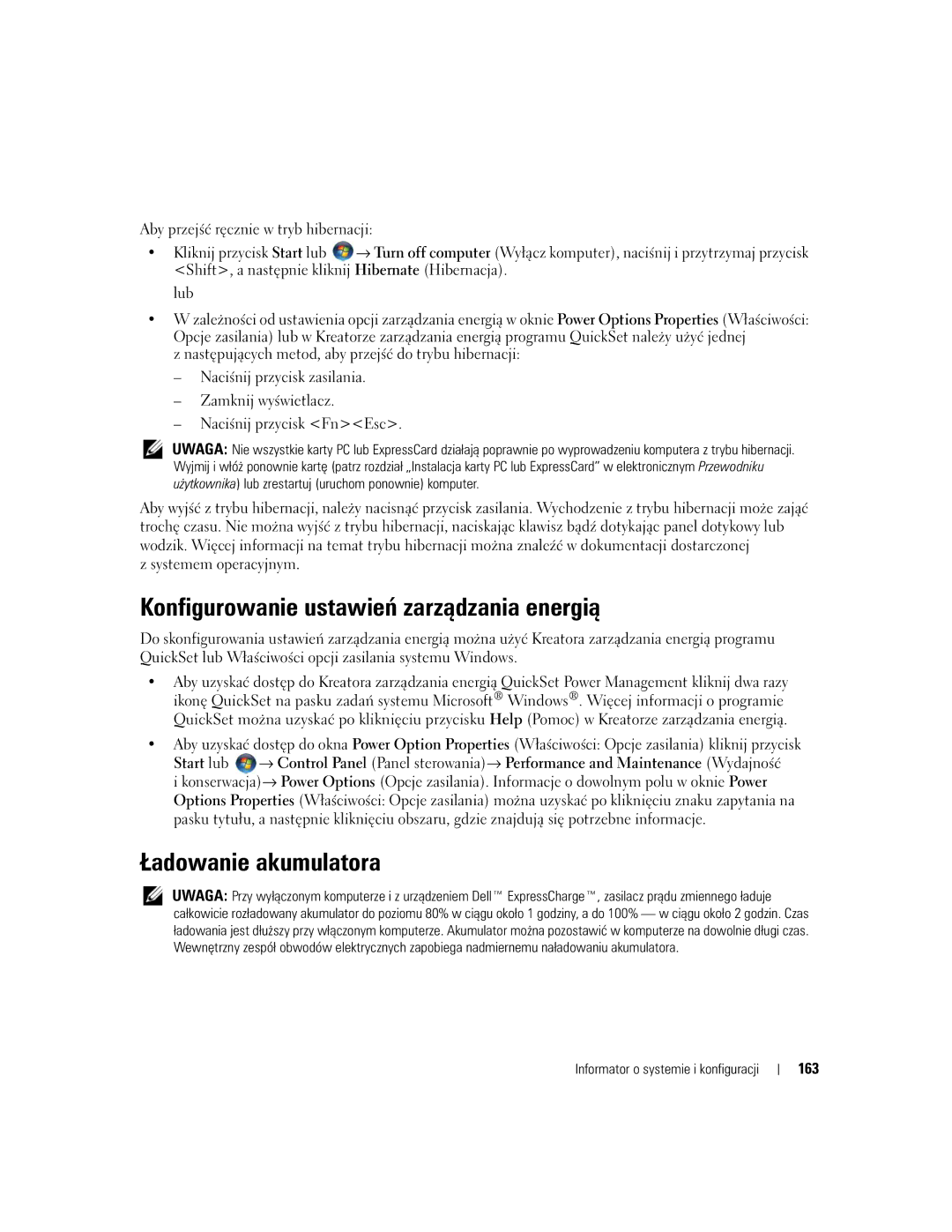 Dell UY708 manual Konfigurowanie ustawień zarządzania energią, 163 