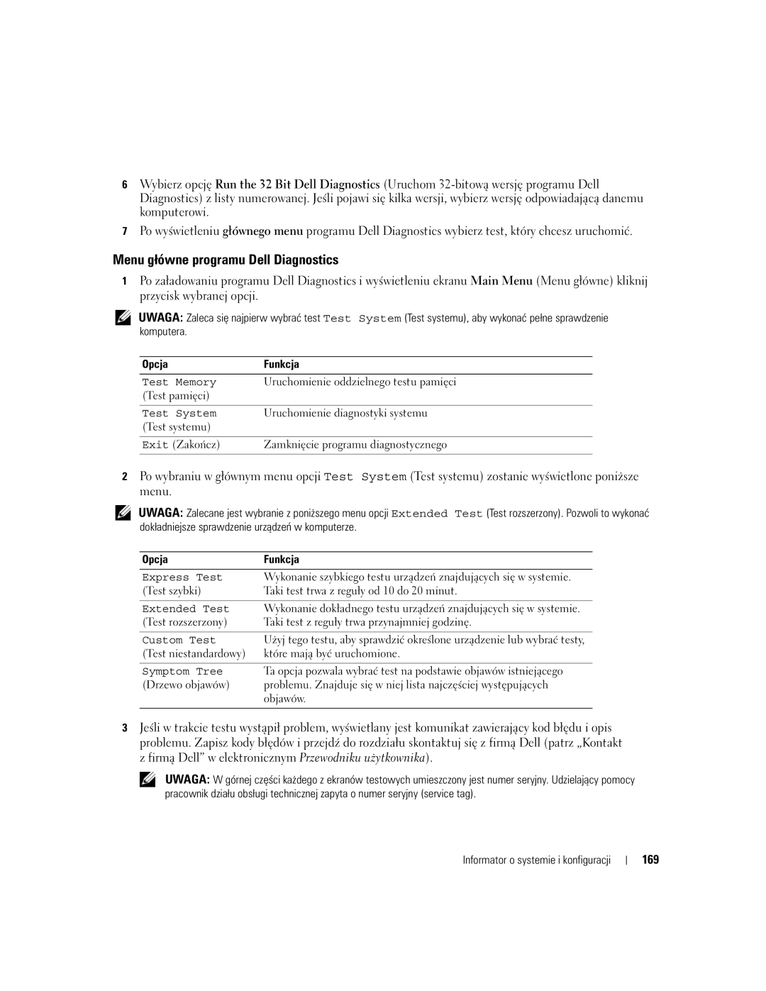 Dell UY708 manual Menu główne programu Dell Diagnostics, 169 