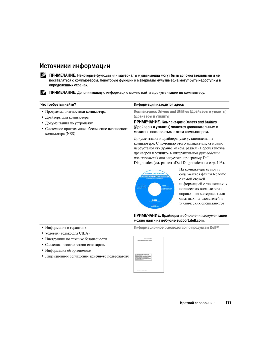 Dell UY708 manual Источники информации, 177, Компактers and Ut, Драйверы и утилиты 