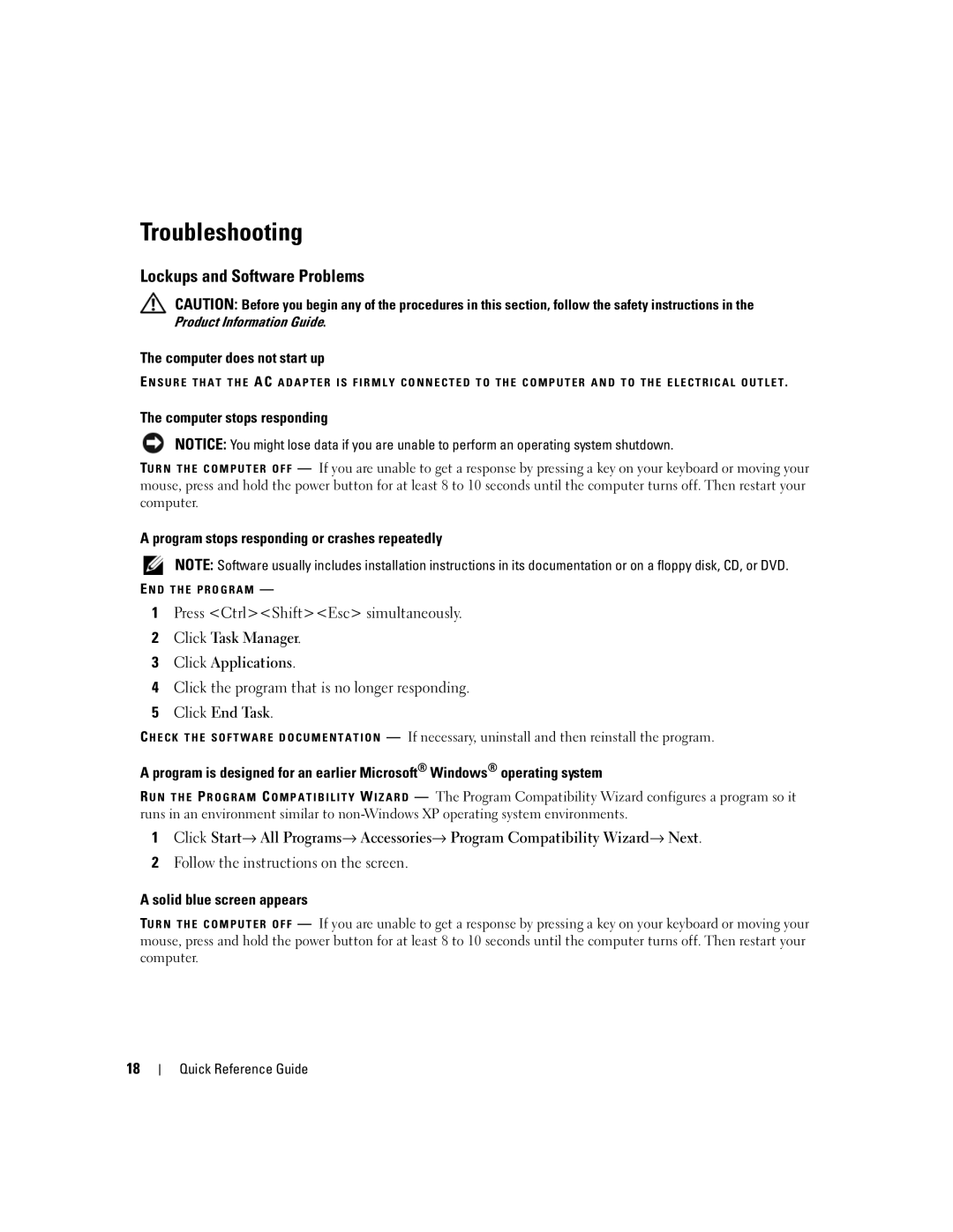 Dell UY708 manual Troubleshooting, Lockups and Software Problems, Computer does not start up, Computer stops responding 