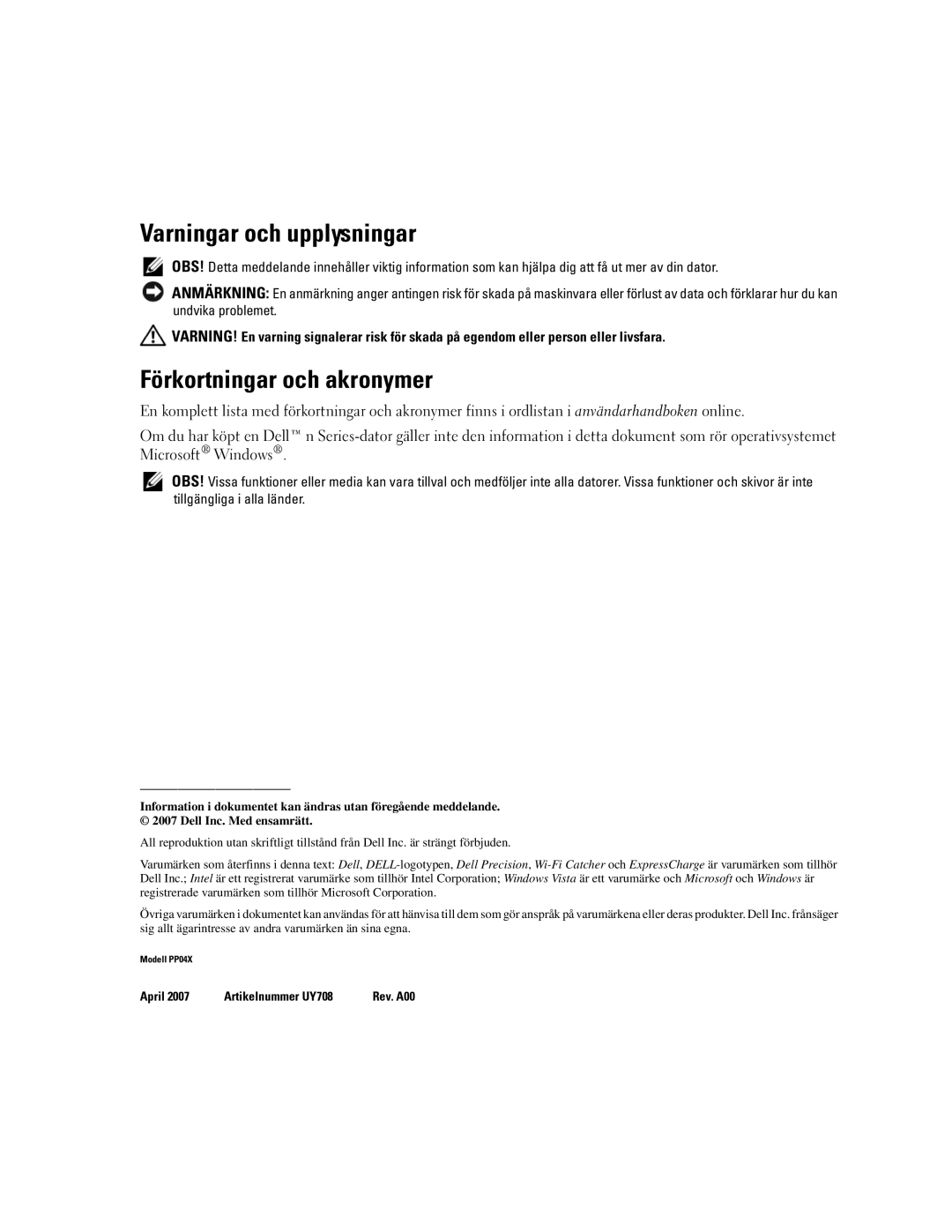 Dell UY708 manual Varningar och upplysningar, Förkortningar och akronymer 