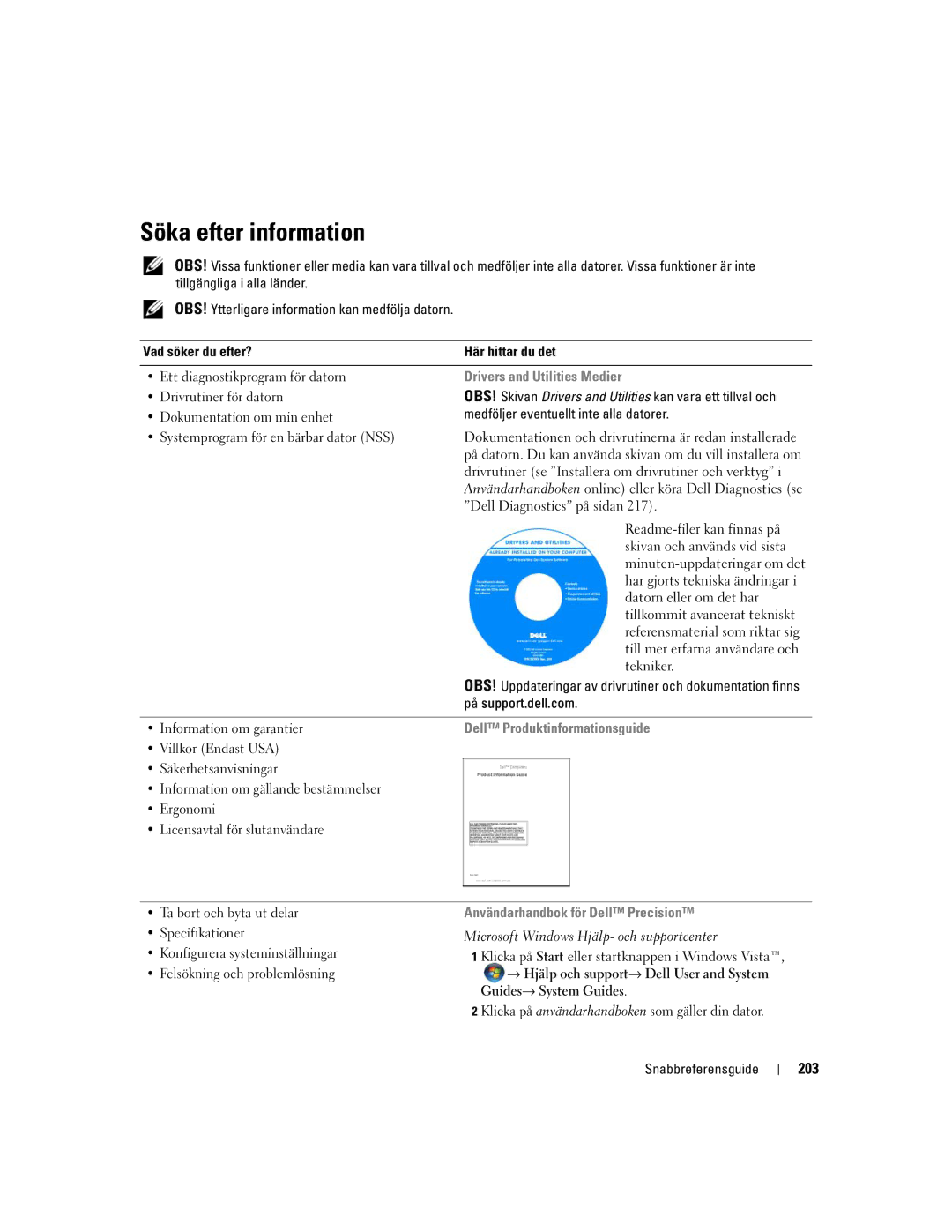 Dell UY708 manual Söka efter information, 203, Drivers and Utilities Medier, Dell Produktinformationsguide 