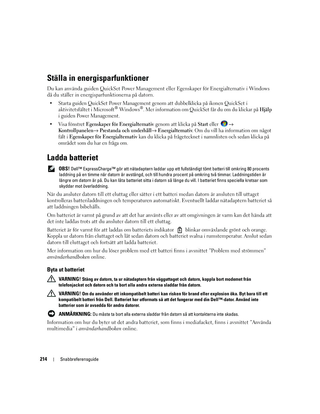 Dell UY708 manual Ställa in energisparfunktioner, Ladda batteriet, Byta ut batteriet, 214 