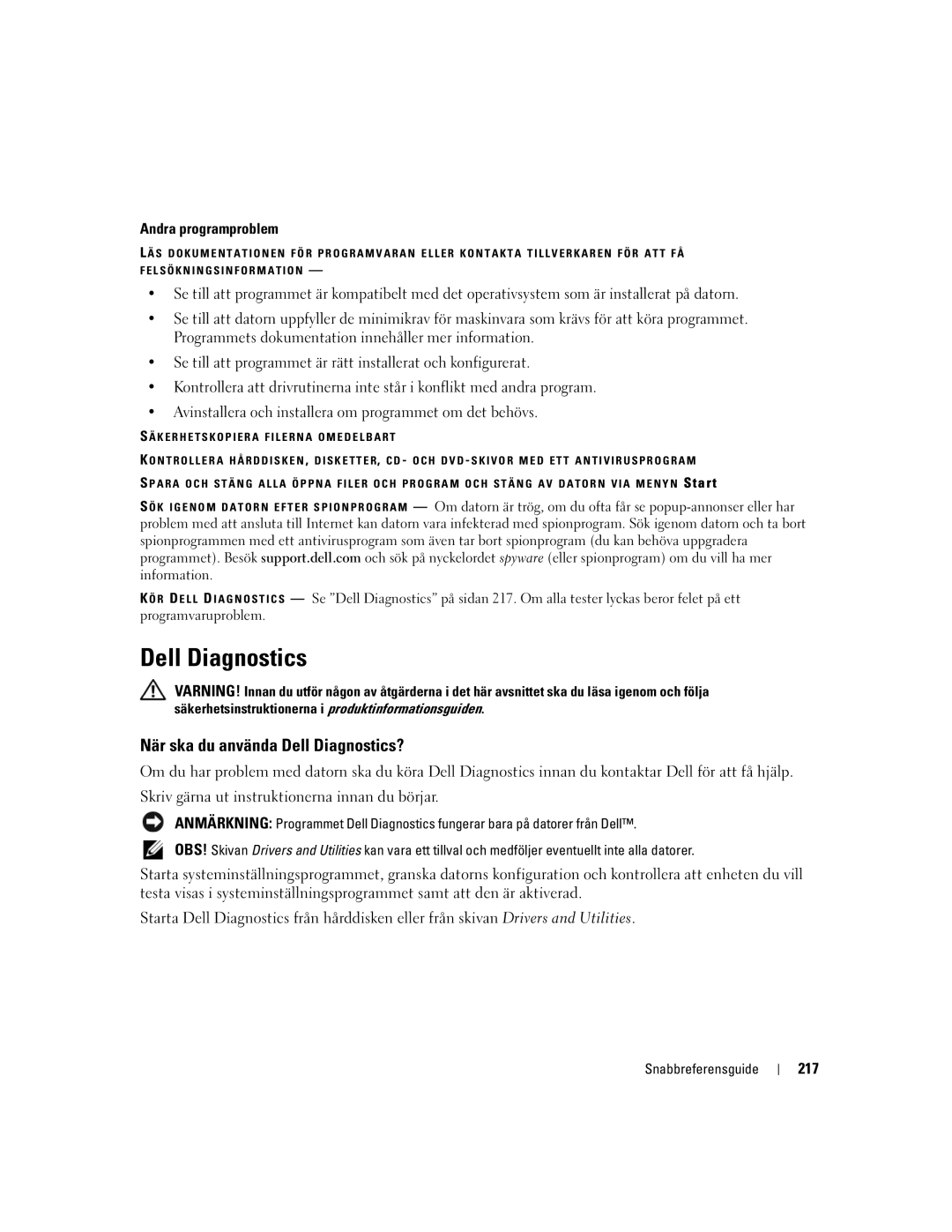 Dell UY708 manual När ska du använda Dell Diagnostics?, Andra programproblem, 217 