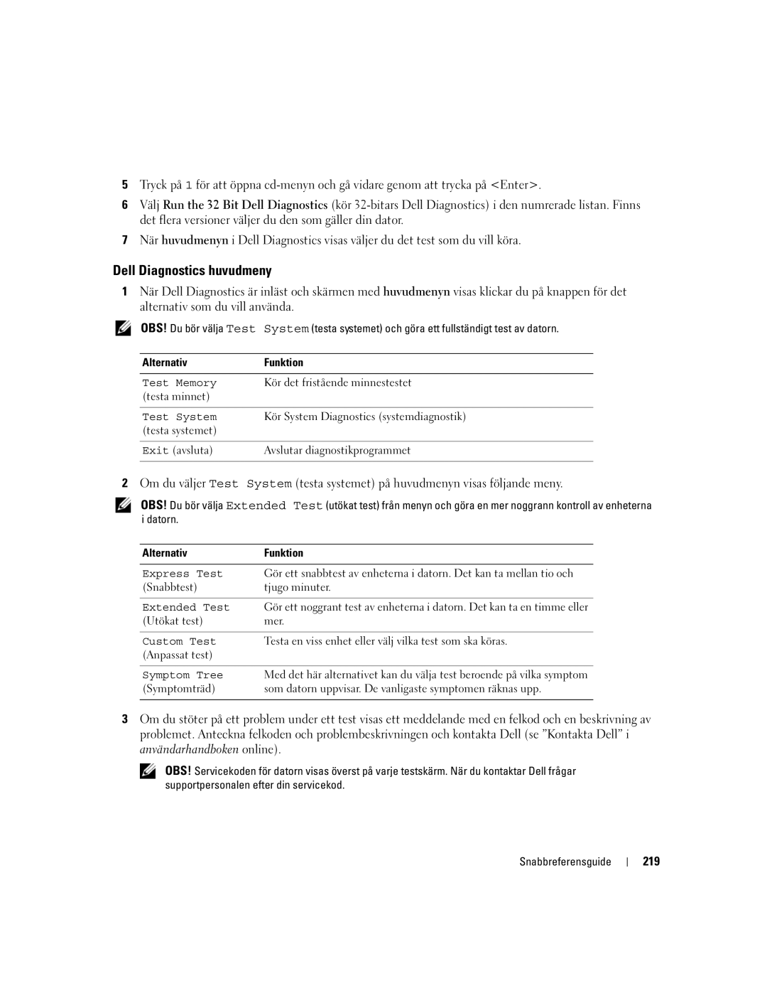 Dell UY708 manual Dell Diagnostics huvudmeny, 219 