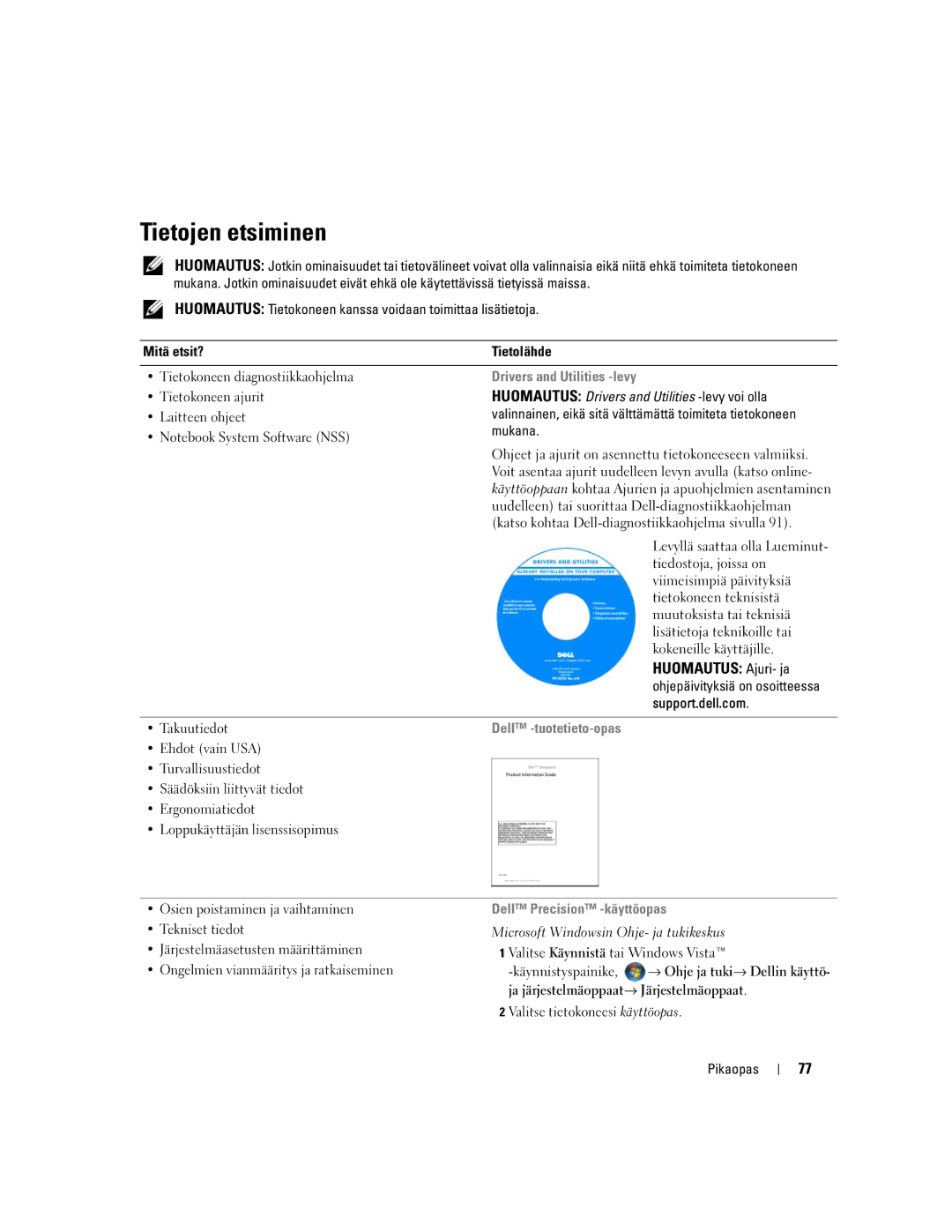 Dell UY708 manual Tietojen etsiminen, Huomautus Ajuri- ja, Drivers and Utilities -levy, Dell -tuotetieto-opas 