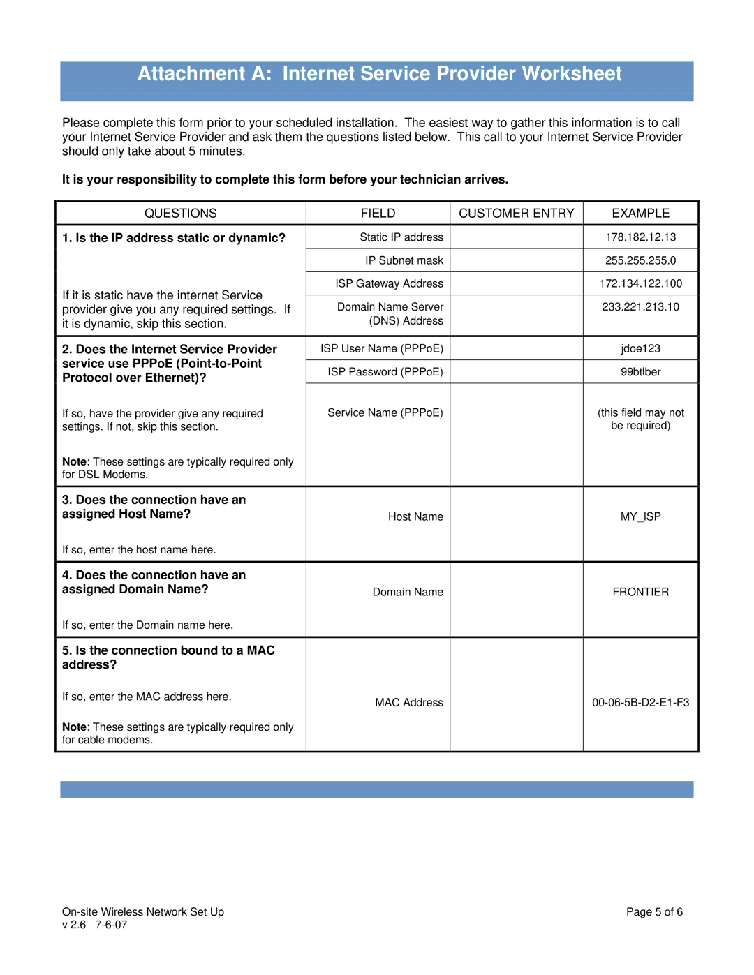 Dell v 2.6 7-6-07 warranty Attachment a Internet Service Provider Worksheet 