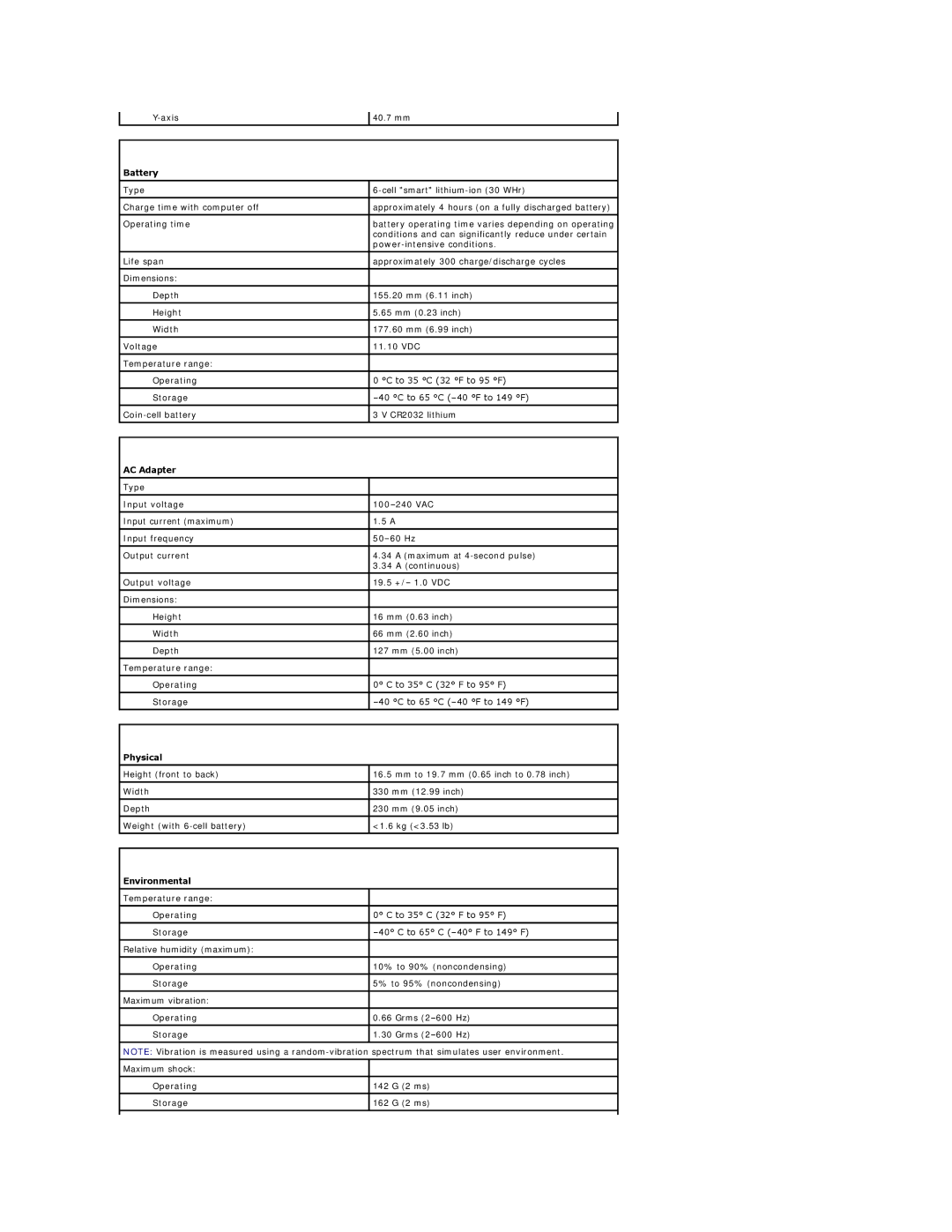 Dell V13 specifications Battery, AC Adapter, Physical, Environmental 