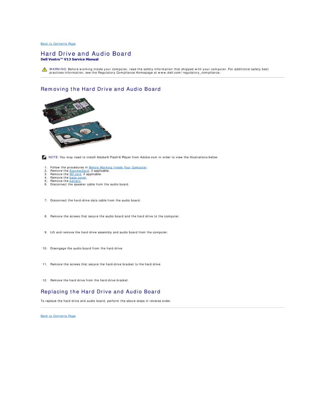 Dell V13 specifications Removing the Hard Drive and Audio Board, Replacing the Hard Drive and Audio Board 