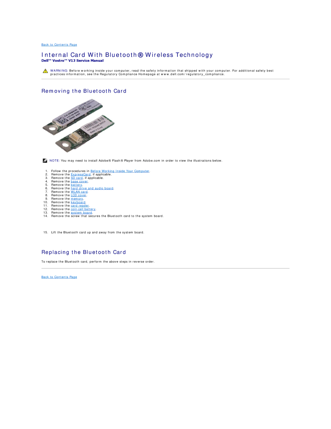 Dell V13 Internal Card With Bluetooth Wireless Technology, Removing the Bluetooth Card, Replacing the Bluetooth Card 