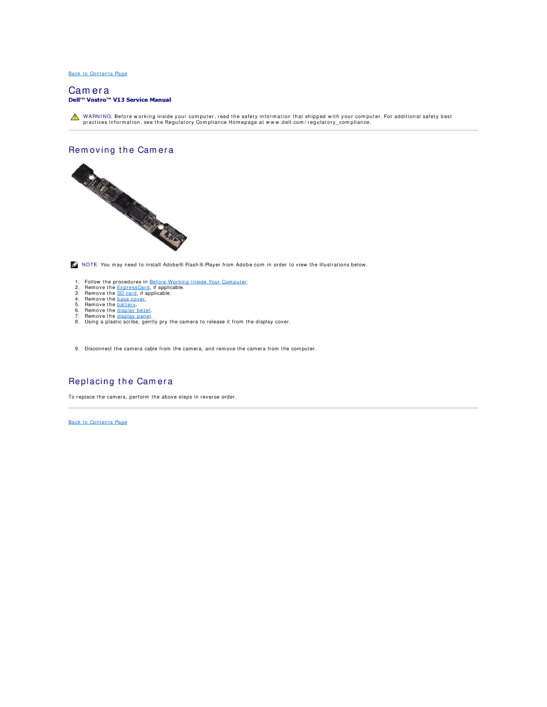 Dell V13 specifications Removing the Camera, Replacing the Camera 