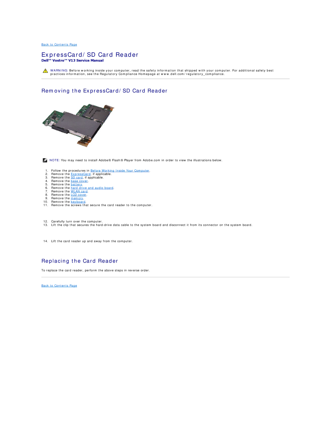 Dell V13 specifications Removing the ExpressCard/SD Card Reader, Replacing the Card Reader 