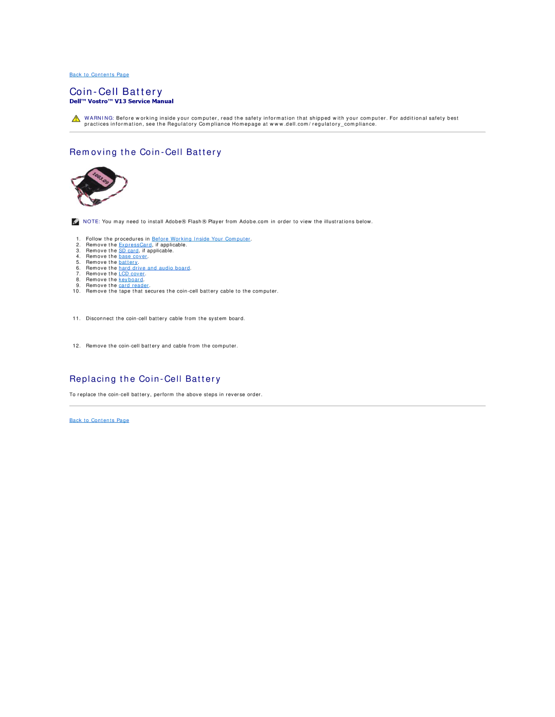 Dell V13 specifications Removing the Coin-Cell Battery, Replacing the Coin-Cell Battery 