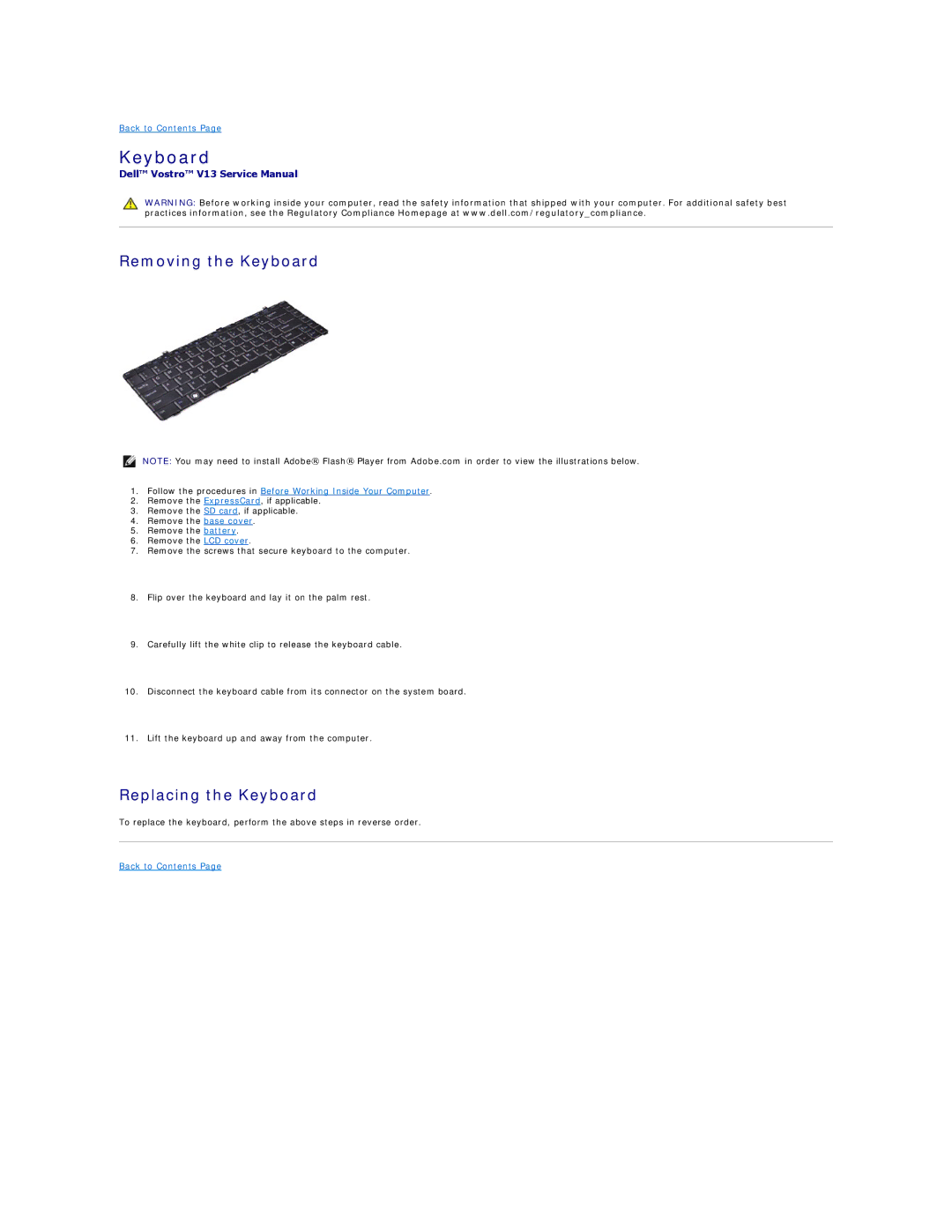 Dell V13 specifications Removing the Keyboard, Replacing the Keyboard 