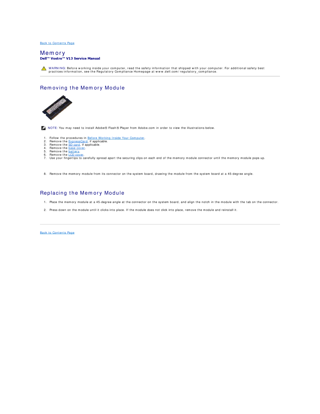 Dell V13 specifications Removing the Memory Module, Replacing the Memory Module 