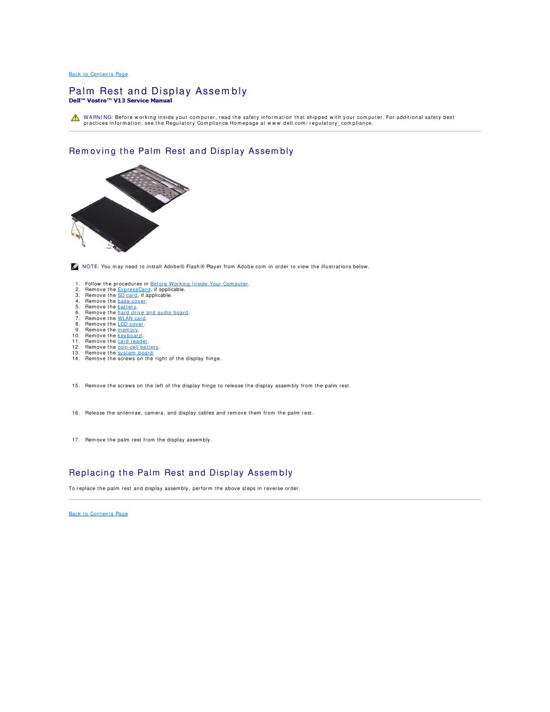 Dell V13 specifications Removing the Palm Rest and Display Assembly, Replacing the Palm Rest and Display Assembly 