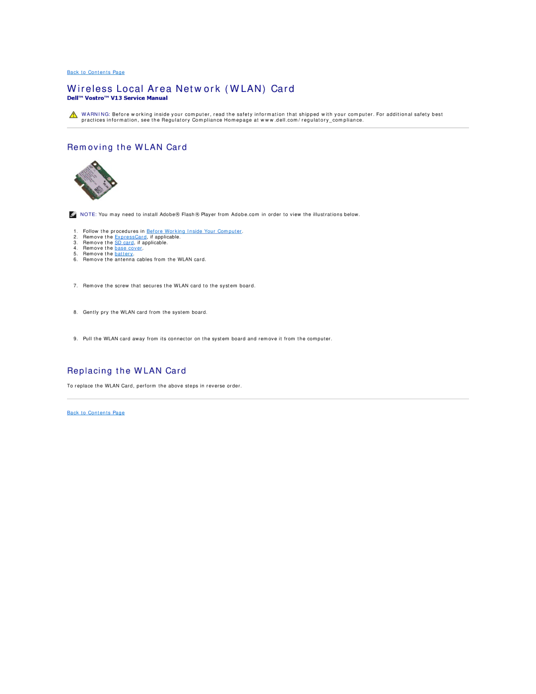 Dell V13 specifications Wireless Local Area Network Wlan Card, Removing the Wlan Card, Replacing the Wlan Card 