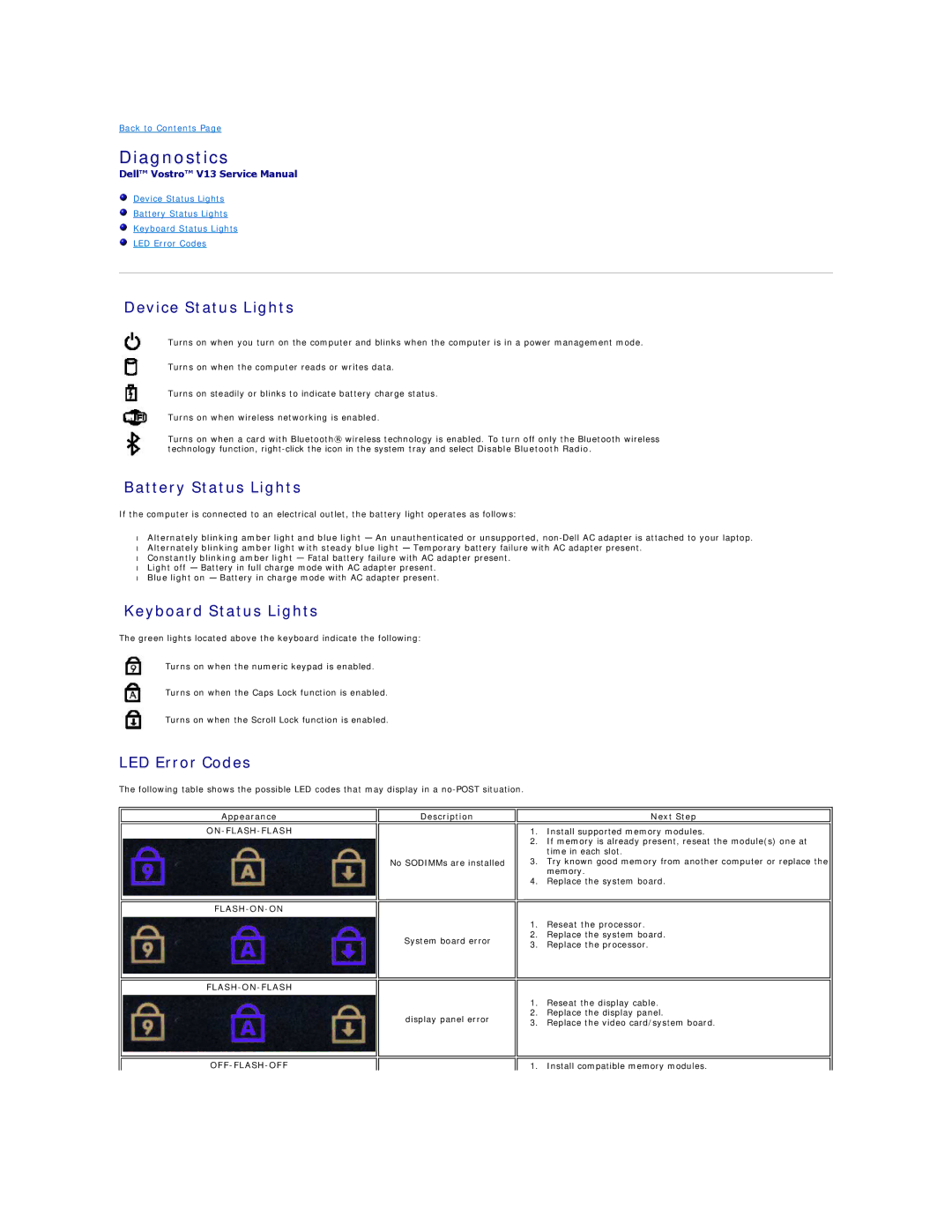 Dell V13 specifications Diagnostics, Device Status Lights, Battery Status Lights, Keyboard Status Lights, LED Error Codes 