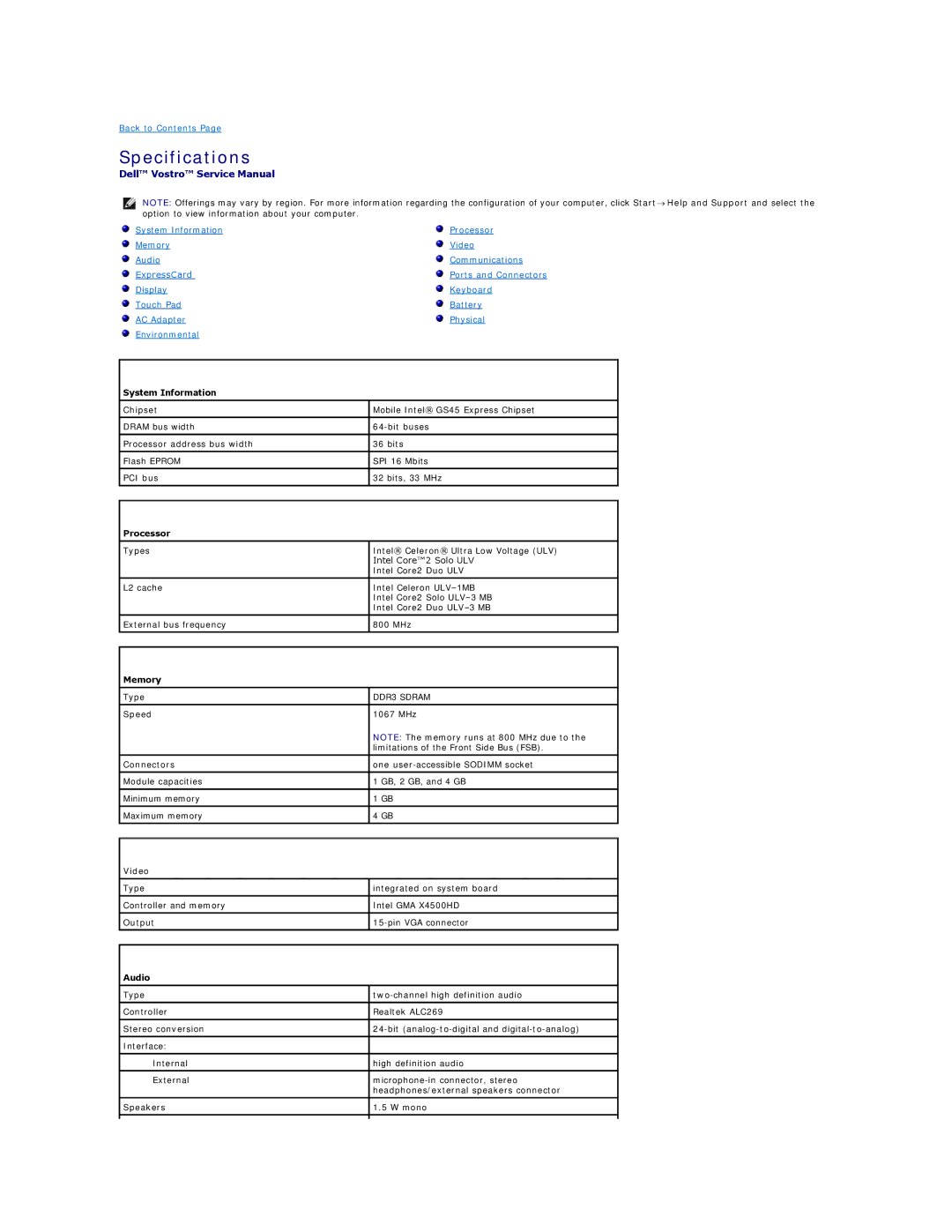 Dell V13 specifications Specifications 