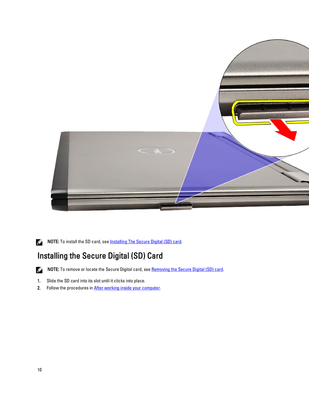 Dell V130 service manual Installing the Secure Digital SD Card 