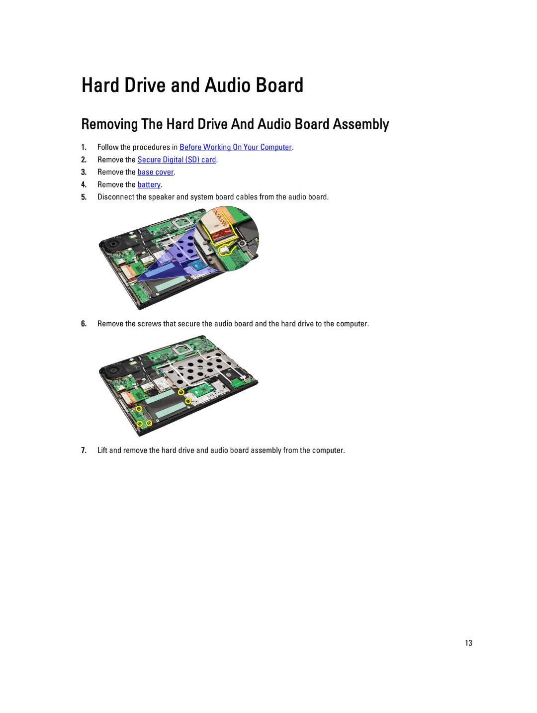 Dell V130 service manual Hard Drive and Audio Board, Removing The Hard Drive And Audio Board Assembly 