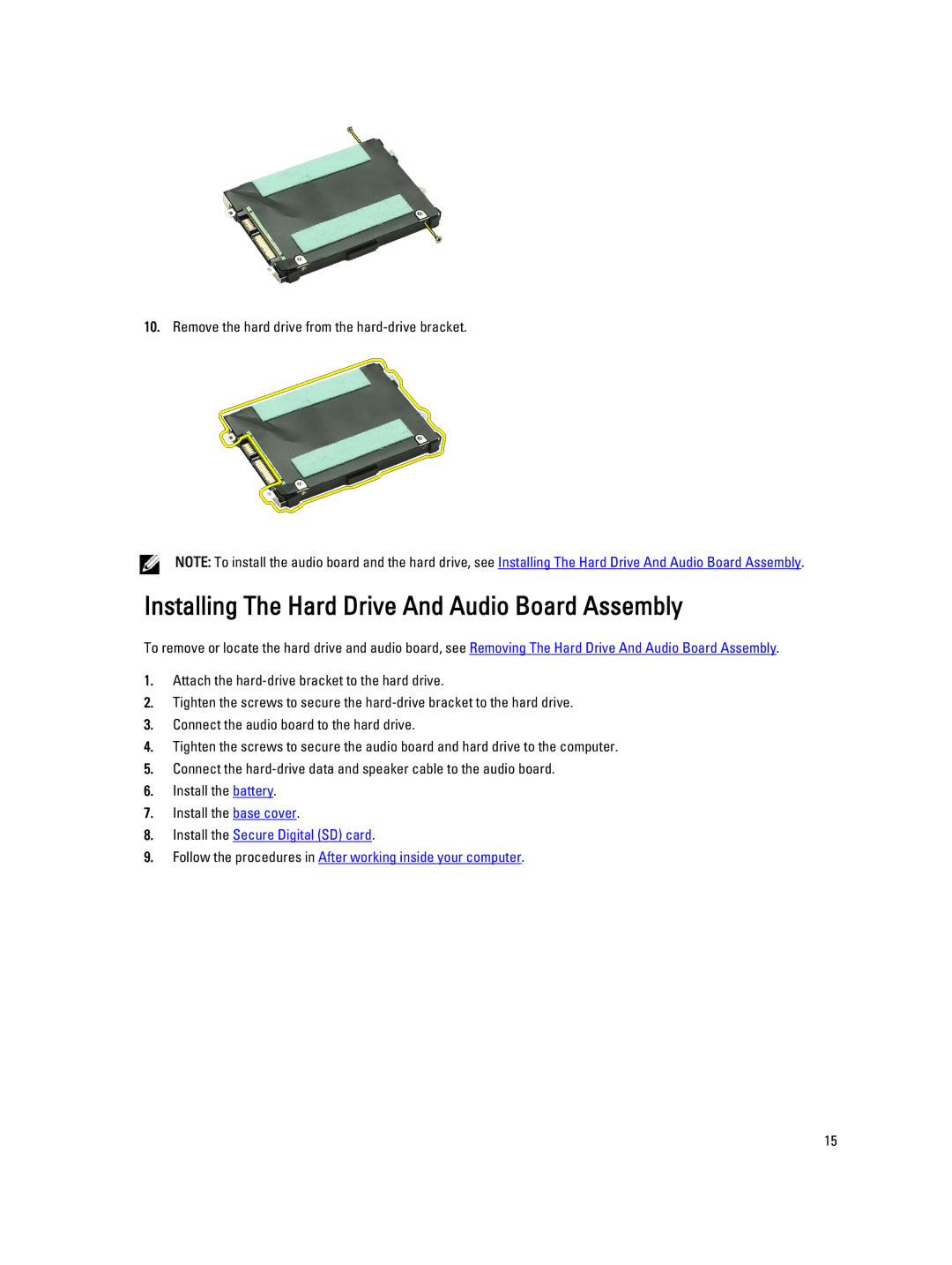 Dell V130 service manual Installing The Hard Drive And Audio Board Assembly 