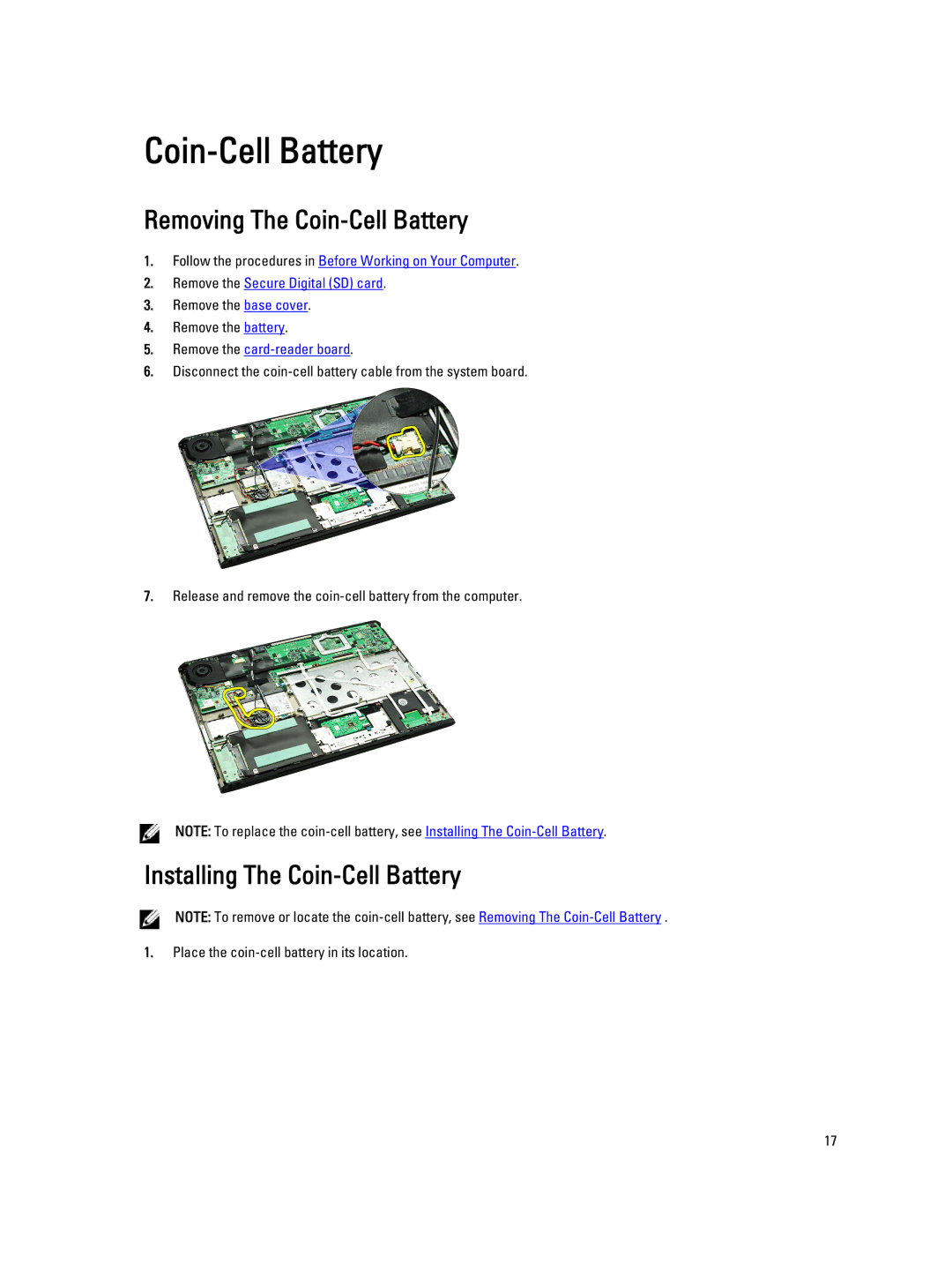 Dell V130 service manual Removing The Coin-Cell Battery, Installing The Coin-Cell Battery, Remove the card-reader board 