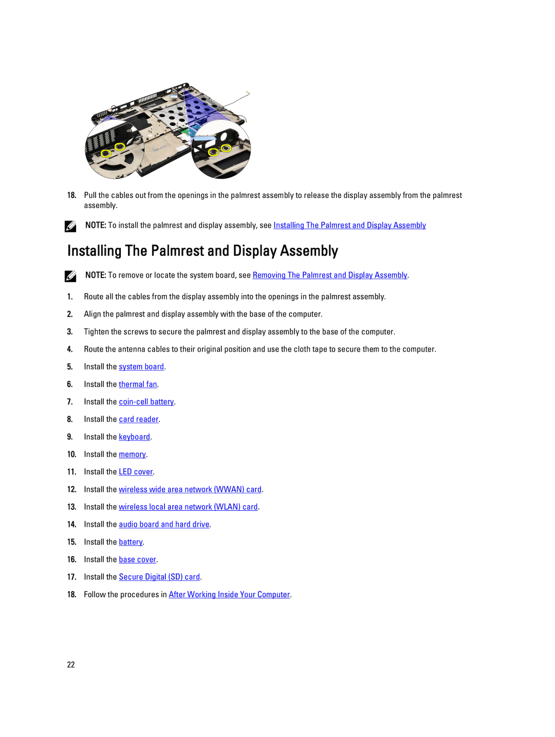 Dell V130 service manual Installing The Palmrest and Display Assembly, Install the coin-cell battery 