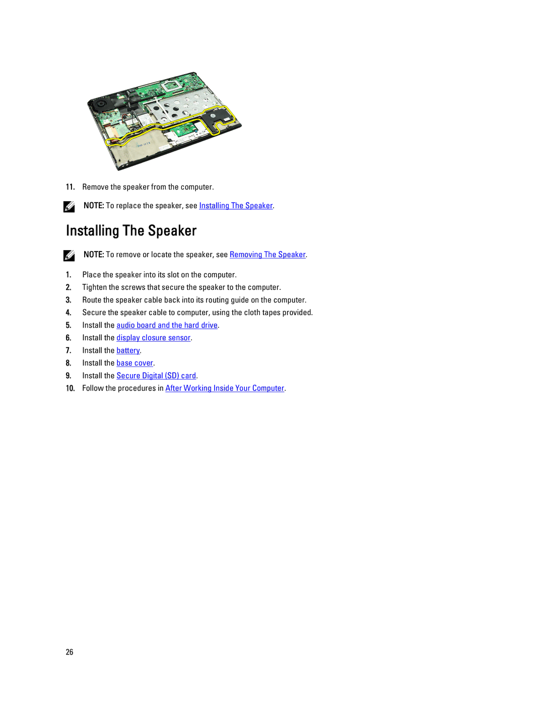 Dell V130 service manual Installing The Speaker 