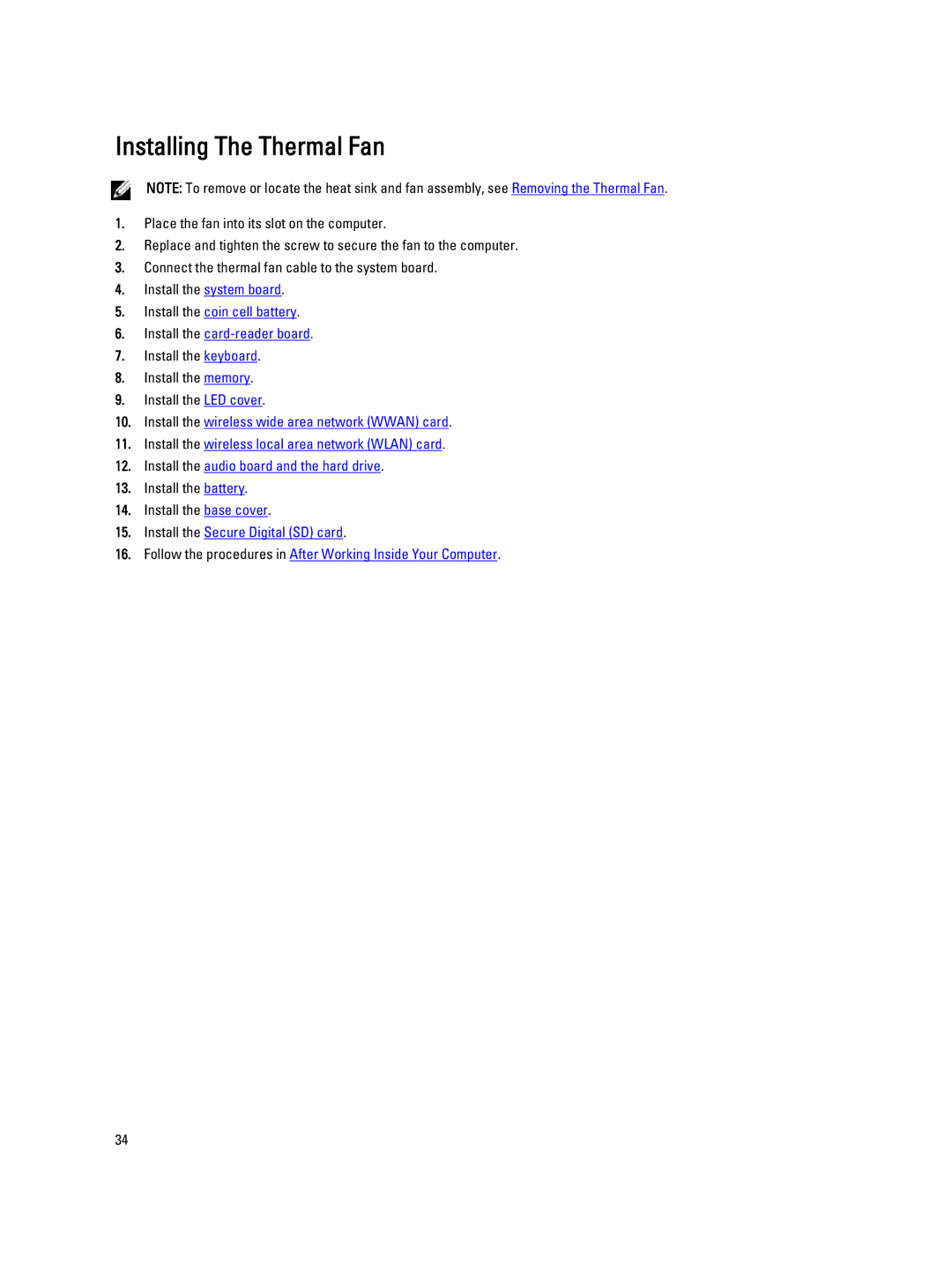 Dell V130 service manual Installing The Thermal Fan, Install the coin cell battery Install the card-reader board 