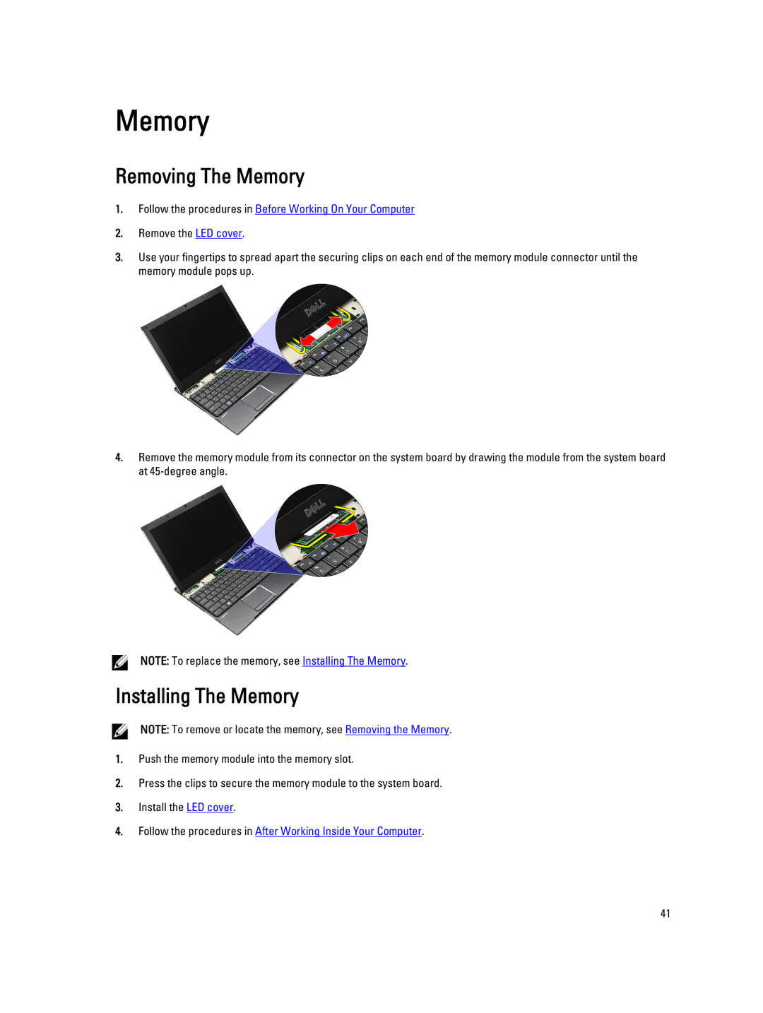 Dell V130 service manual Removing The Memory, Installing The Memory 