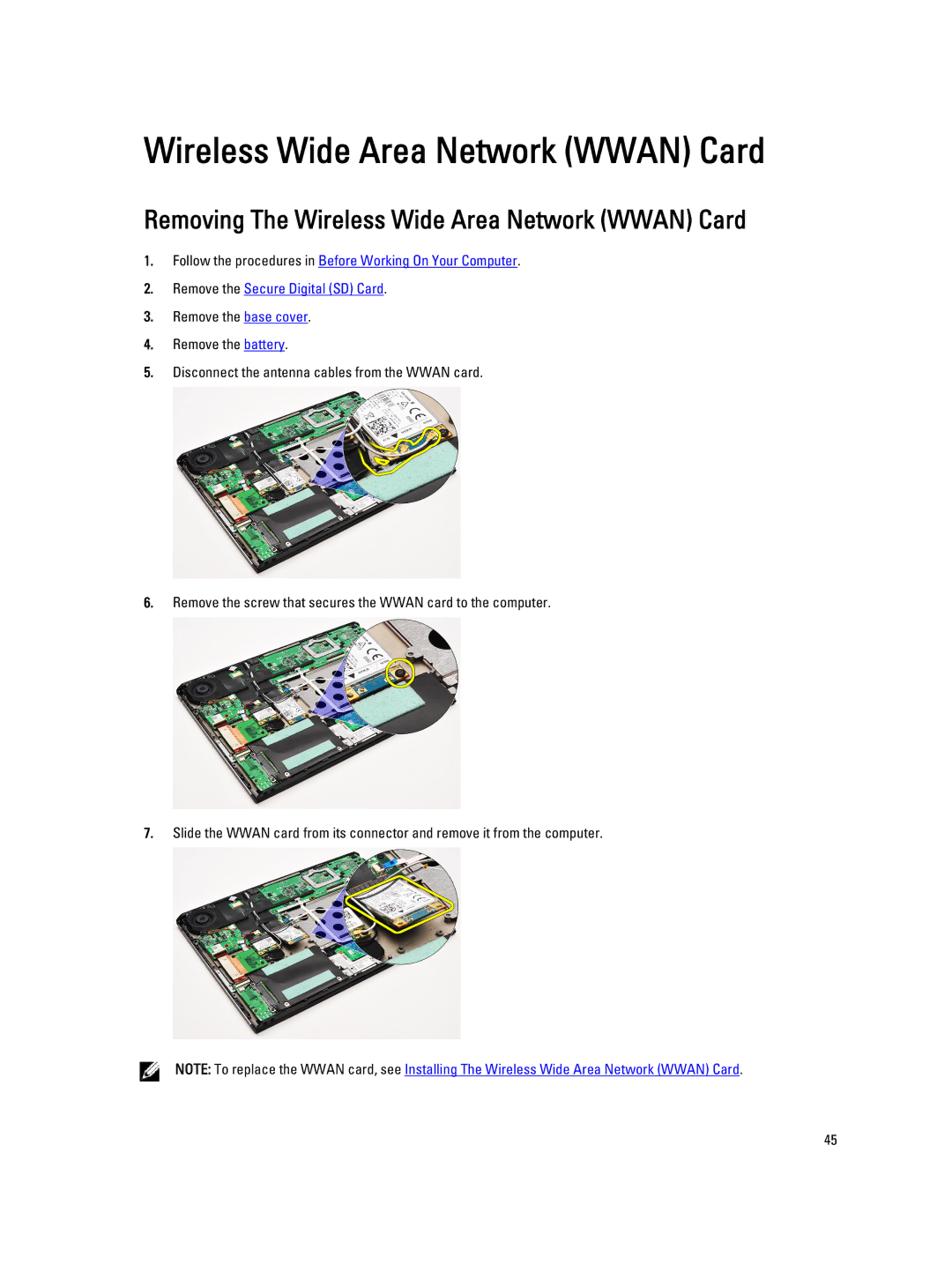 Dell V130 service manual Removing The Wireless Wide Area Network Wwan Card 