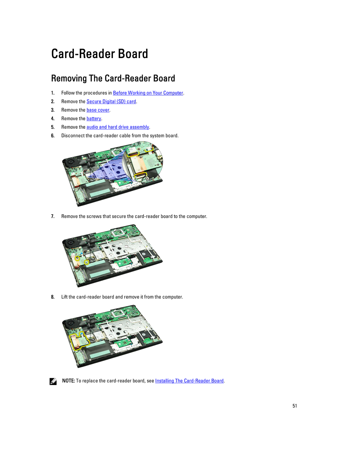 Dell V130 service manual Removing The Card-Reader Board, Remove the audio and hard drive assembly 