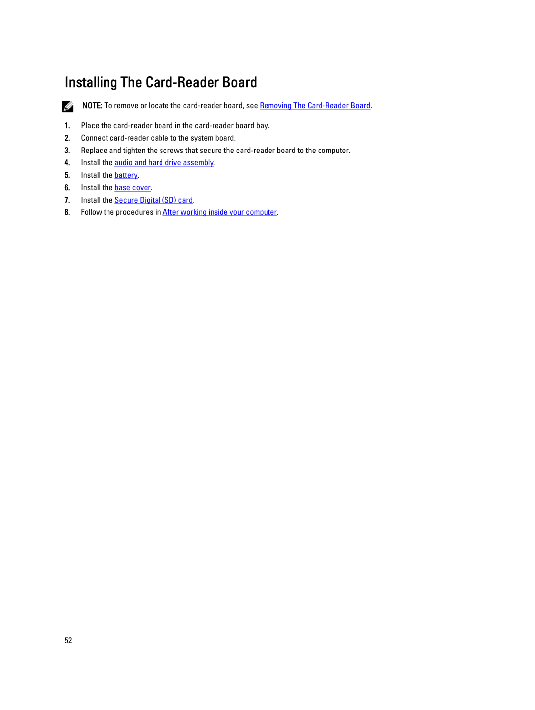 Dell V130 service manual Installing The Card-Reader Board, Install the audio and hard drive assembly 